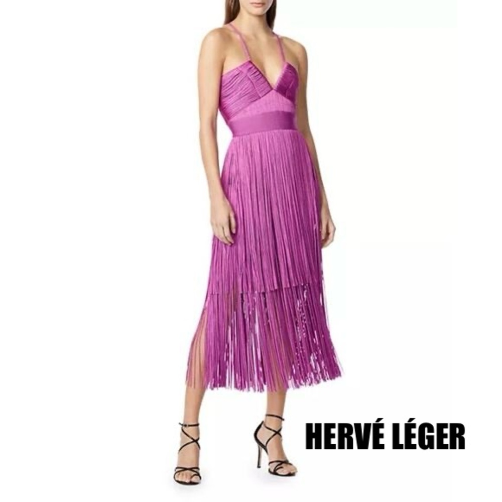 Herve Leger Magenta Fringe Midi Dress